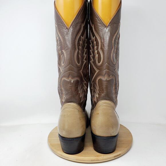 Sanders Boots Men 9.5 E WIDE Two Tone Brown Leather Retro Cowboy Western Vintage - Picture 9 of 16